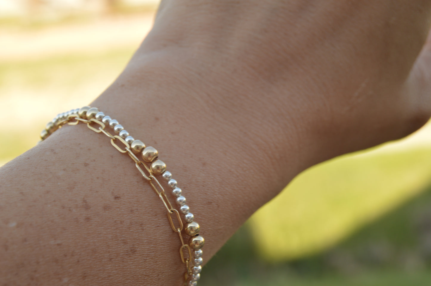 *Bestseller* Mixed Metal Beaded Stretch Bracelet - Large & Small Beads