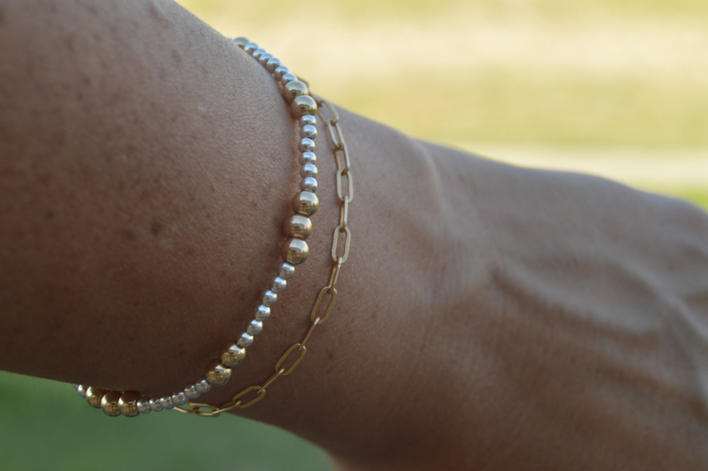 *Bestseller* Mixed Metal Beaded Stretch Bracelet - Large & Small Beads