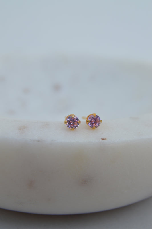 K1003 RETAIL EARRINGS 3mm Pink Crystal Prong (Gold Plated Medical Grade Stainless Steel)