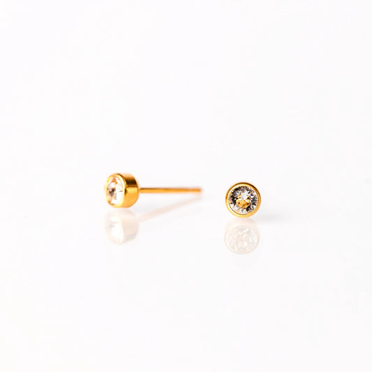 *Bestseller* RETAIL EARRINGS 4mm Clear Crystal Bezel (Gold Plated Medical Grade Stainless Steel)