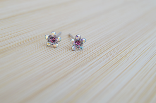 RETAIL EARRINGS - 5mm AB & Rose Crystal Daisy (Medical Grade Stainless Steel)